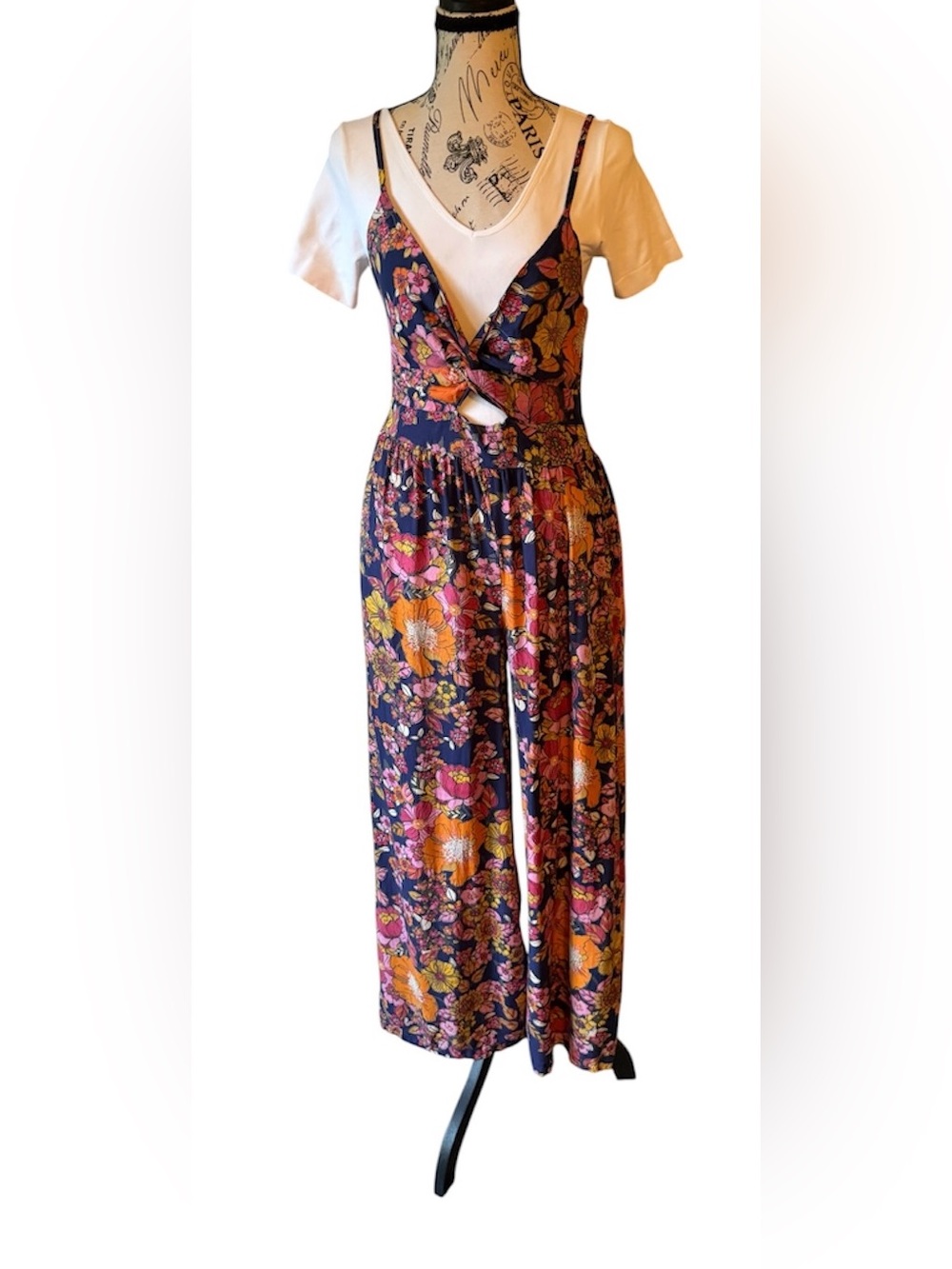 Angie Navy Floral Twist-Front Wide-Leg Jumpsuit